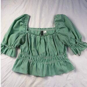 H&M Divided Green Gingham Square Neck Puff Sleeve Peplum Top Size S
